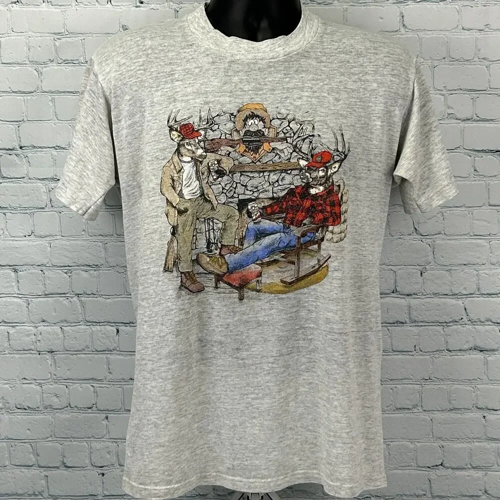 Vintage 90s Deer Hunter Funny T Shirt Hunting Cabin Made In USA Gray M Medium - Picture 2 of 10